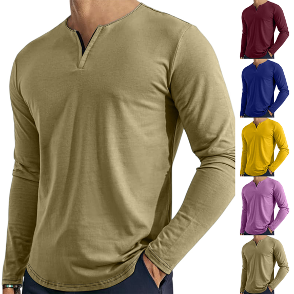 Mens Henley T-Shirts Long Sleeve Pullover Shirt Casual Heavyweight Button Shirts Basic Tees Khaki L