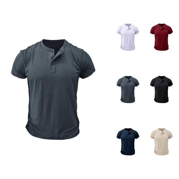 Mens Henley T-shirts Cotton Short Sleeve Shirts Solid Color Casual Slim Fit Summer Tops for Everyday Wear