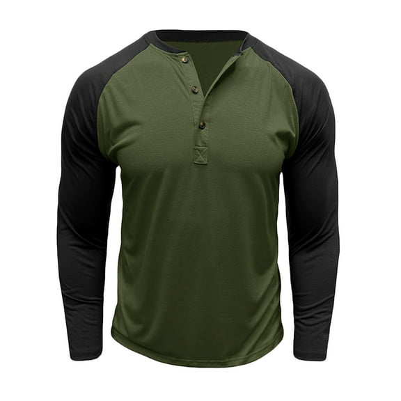 Mens Henley Tops Long Sleeve Button Crew Neck Pullover Shirt Men Color Block Sweatshirt Fashion Fall Loose Basic Tshirt (Army Green XL)