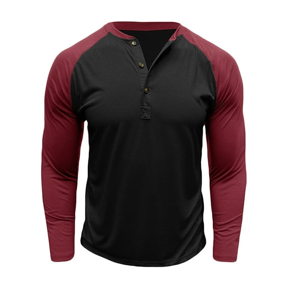 Mens Henley Tops Long Sleeve Button Crew Neck Pullover Shirt Men Color Block Sweatshirt Fashion Fall Loose Basic Tshirt (Black XL)