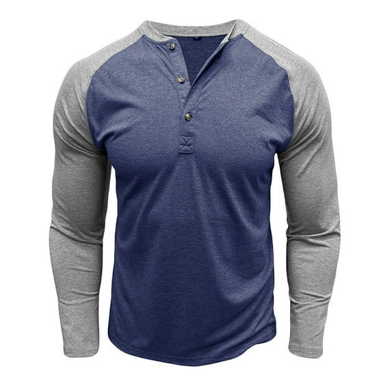 Mens Henley Tops Long Sleeve Button Crew Neck Pullover Shirt Men Color Block Sweatshirt Fashion Fall Loose Basic Tshirt (Dark Blue S)