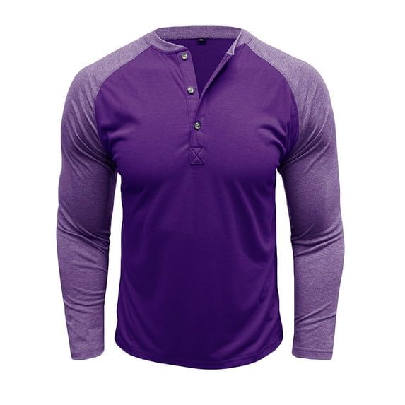 Mens Henley Tops Long Sleeve Button Crew Neck Pullover Shirt Men Color Block Sweatshirt Fashion Fall Loose Basic Tshirt (Purple S)