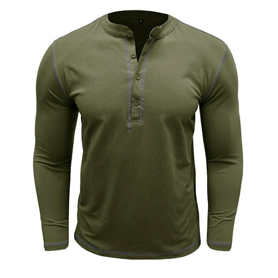 Mens Henley Tops Long Sleeve Buttoned Crew Neck Pullover Shirt Fashion Fall Solid Color Loose Basic Tshirt (Army Green M)