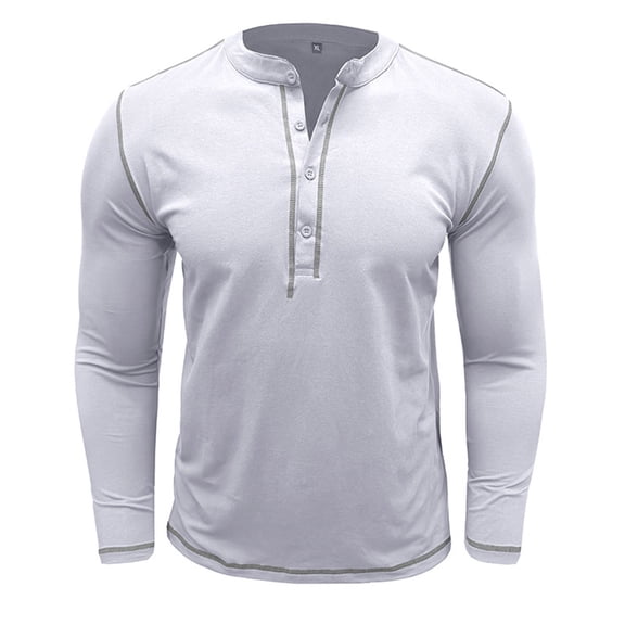 Mens Henley Tops Long Sleeve Buttoned Crew Neck Pullover Shirt Fashion Fall Solid Color Loose Basic Tshirt (White 2XL)