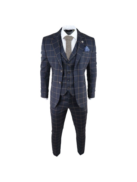 Men Herringbone Tweed Navy Check 3 Piece Suit | TruClothing
