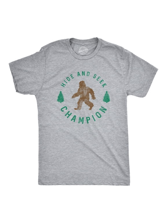 Mens Hide and Seek Champion T shirt Funny Bigfoot Tee Humor Cool Graphic Print Graphic Tees