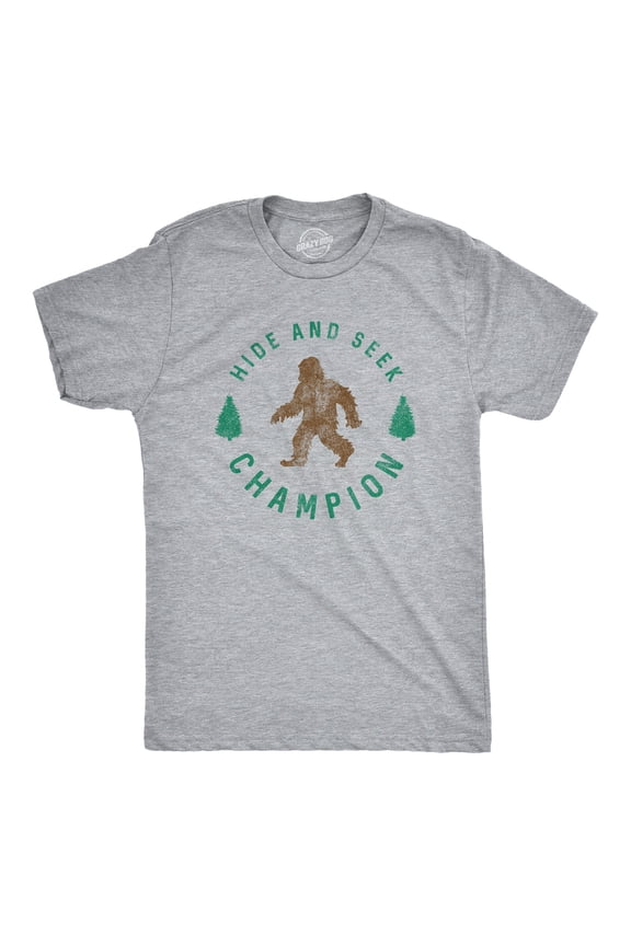 Mens Hide and Seek Champion T shirt Funny Bigfoot Tee Humor Cool Graphic Print Graphic Tees