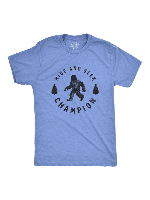 Mens Hide and Seek Champion T shirt Funny Bigfoot Tee Humor Cool Graphic Print Graphic Tees