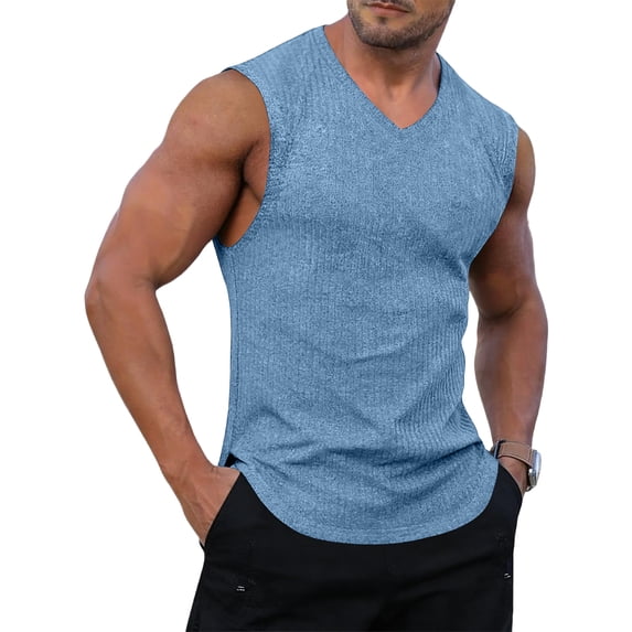 Mens High Neckline Tank Top Gym Workout Sleeveless Ribbed Solid Tank Top Athletic Shirts Light Blue S