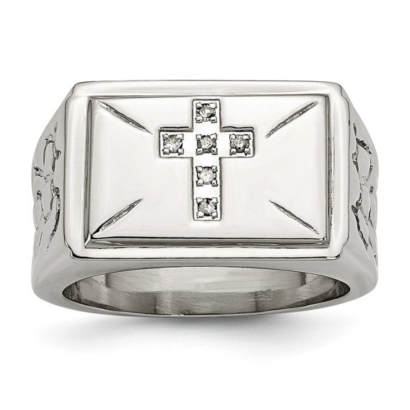 Stainless Steel Diamond Cross Ring, Polished Rectangular Religious Design for Men