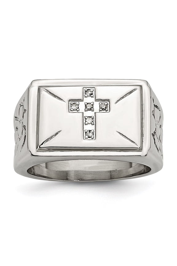 Mens High Polish Silver Rectangular Cross Ring with Sparkling Stones Intricate Engraved Sides Modern Religious Statement Jewelry Bold Symbolic Faith Design Elegant Contemporary Style