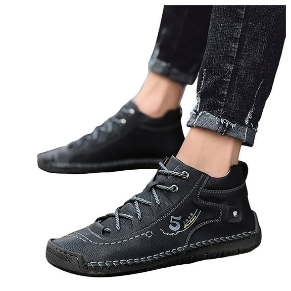 Mens High Top Fashion Sneakers Casual Leather Lace up Non Slip Barefoot Hiking Shoes Outdoor Ankle Booties