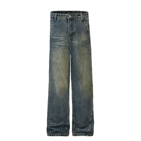 Mens High Waist Straight Leg Washed Distressed Durable Denim Jeans 100 Percent Cotton For Everyday Casual Wear
