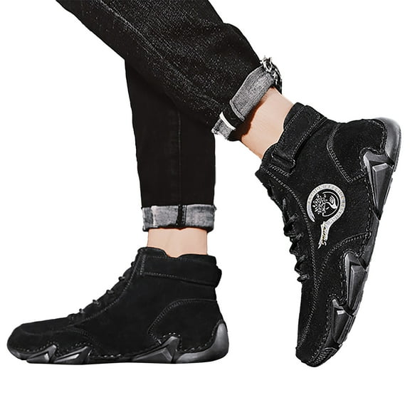 Mens High top Sneakers Lace up Fashion Shoes Black Boots Flock Ankle Booties with Hook and Loop