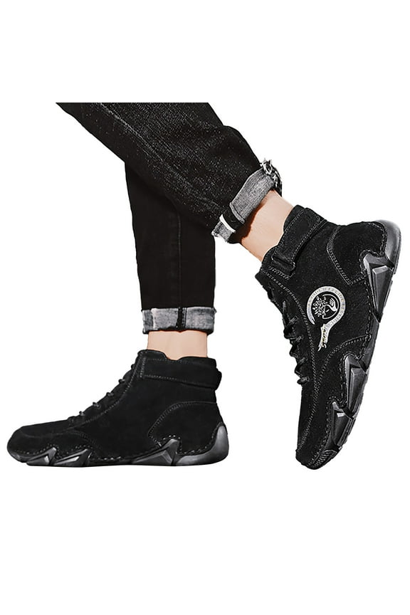 Mens High top Sneakers Lace up Fashion Shoes Black Boots Flock Ankle Booties with Hook and Loop
