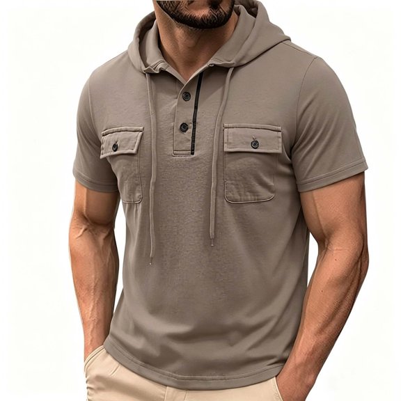 Mens Hiking Cargo Hoodie Pullover Short Sleeve Drawstring Pockets Outdoor Fishing Climbing Tops Fathers Gift