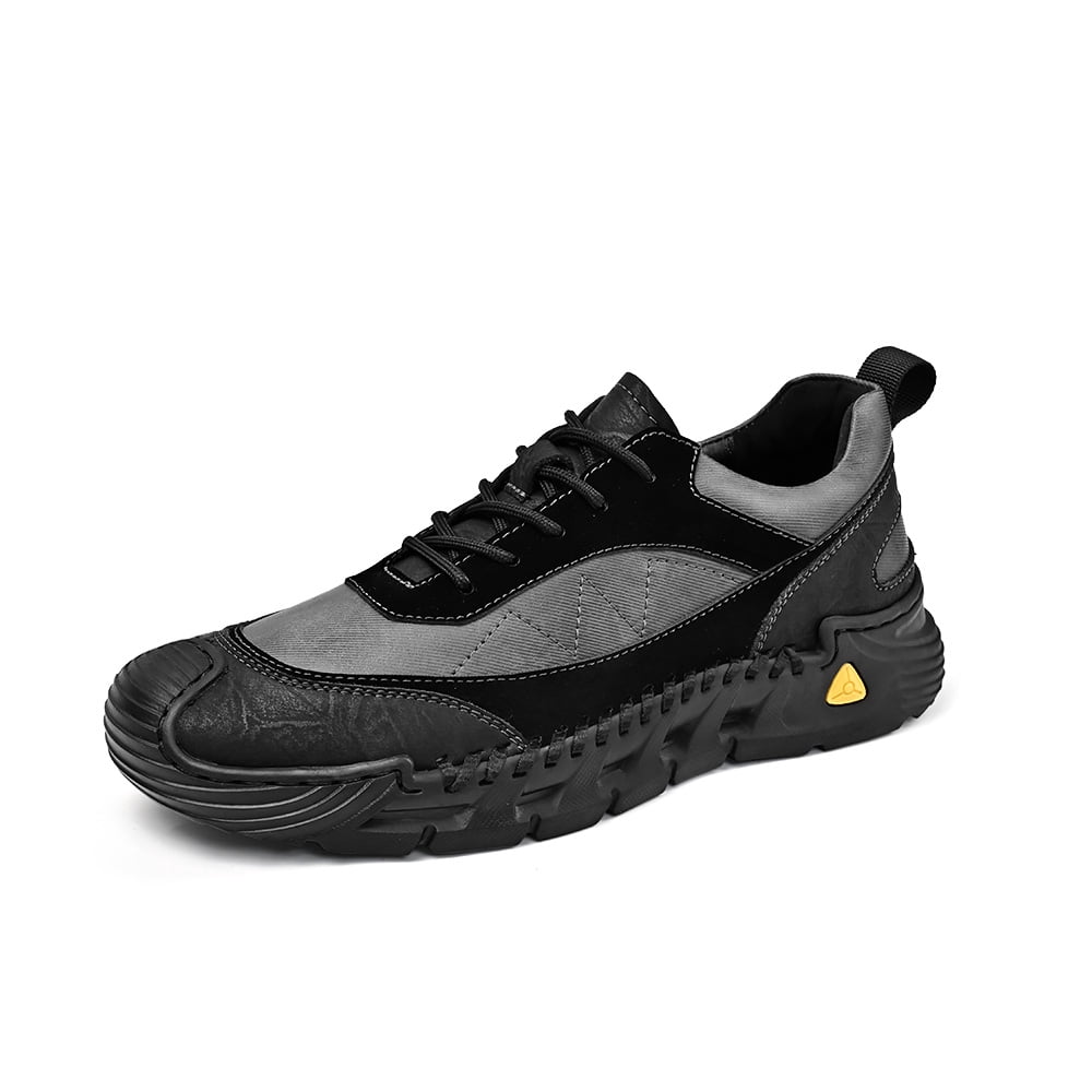 Mens Hiking Casual Shoes Vintage Leather Lightweight Outdoor Sneakers Lace Up Breathable Non-slip Driving Shoes Black 10 US