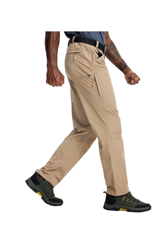 Hiking Pants Men's Lightweight Waterproof with Elastic Waist & 6 Pockets for Adult Outdoor Enthusiasts, Khaki 36W×32L
