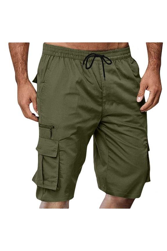 Mens Hiking Shorts Casual Fashion Solid Short With Multi-pocket Elastic Waist Cargo Pants Short Pants Army Green,M