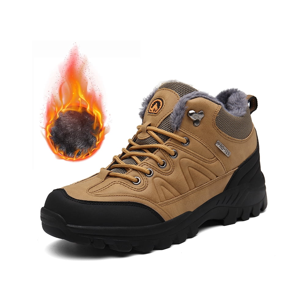 Mens Hiking Snow Boots Padded Warm Cotton Shoes Non-slip Lightweight Sneakers Waterproof Fur Lined Bare Boots Brown 10.5 UK