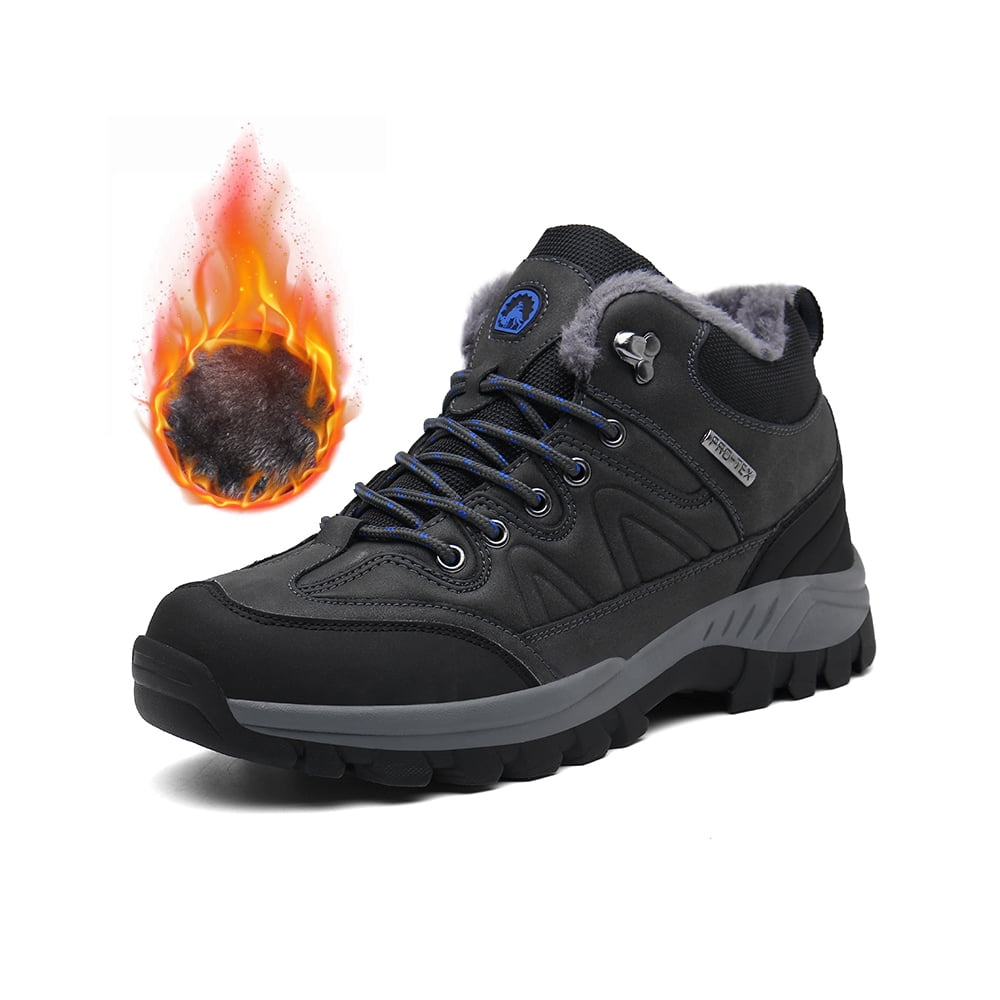 Mens Hiking Snow Boots Padded Warm Cotton Shoes Non-slip Lightweight Sneakers Waterproof Fur Lined Bare Boots Gray 6 UK