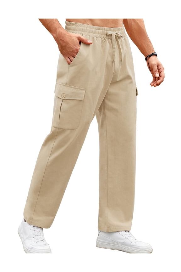Mens Hiking Travel Pants Cotton Elastic Waist for Men, Army Green, XLarge
