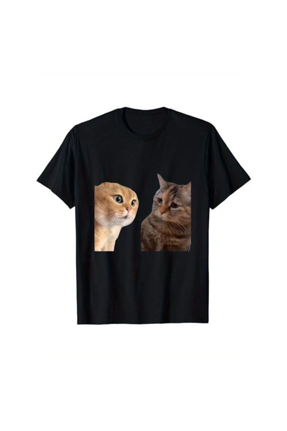 Mens Hilarious Two Meme Cats With Expressive & Amusing Facial Expressions Graphic Tees Print T - shirts Short Sleeve Casual Daily Tops Shirts