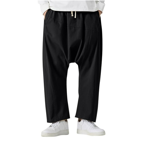 Mens Hip Hop Harem Pants Drop Crotch Drawstring Beach Summer Trousers Solid Color Oversized Wide Leg Pants