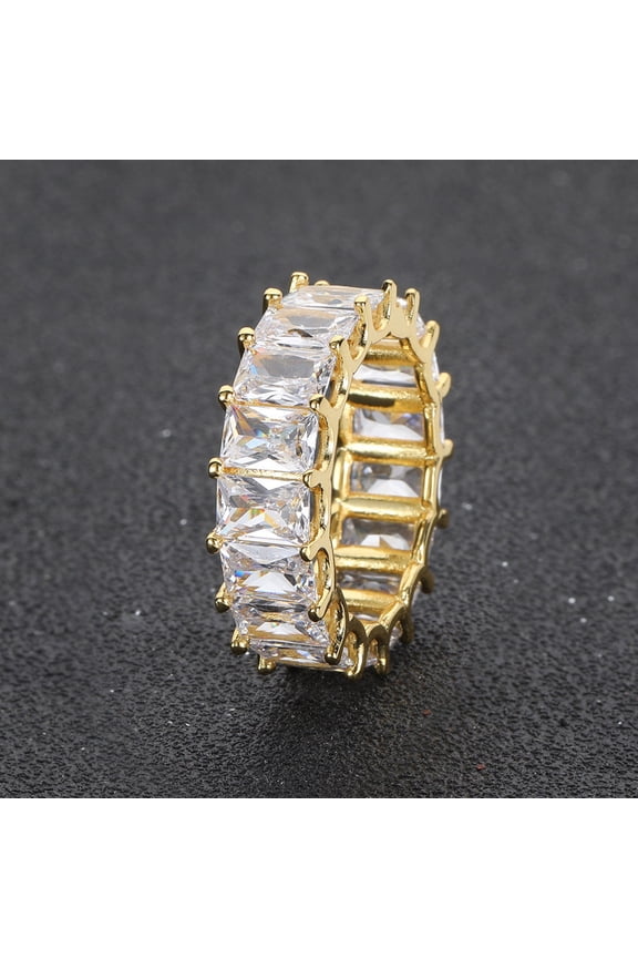 Mens Hip Hop Ring 7mm Single Row Rectangular Zircon Copper Ring Inlaid Gold Platinum Unisex Geometric Round