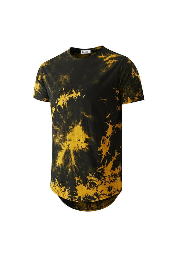Mens Hip Hop Tie-Dyed Hipster Curve Hem T Shirt(Yellow M)