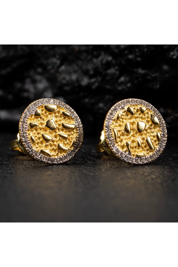 Round 14K Yellow Gold Plated 925 Sterling Silver Screw Back Post Circle Large 90's Hip Hop Ice Out 5A Cz Solid Gold Nugget Stud  Earrings