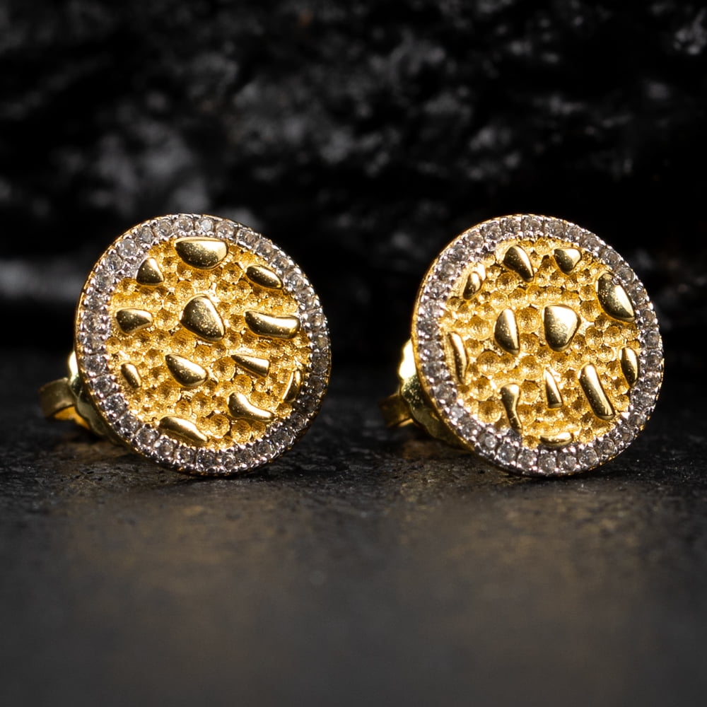 Mens Hip Hop Two Tone Yellow Gold Iced Cz Round Nugget Stud Screw Back Circle Earrings