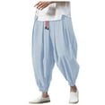 thumbnail image 1 of Mens Hippie Harem Pants Baggy Linen Stretchy Waist Drop Crotch Lightweight Pants Loose Spring Summer Blue L, 1 of 6