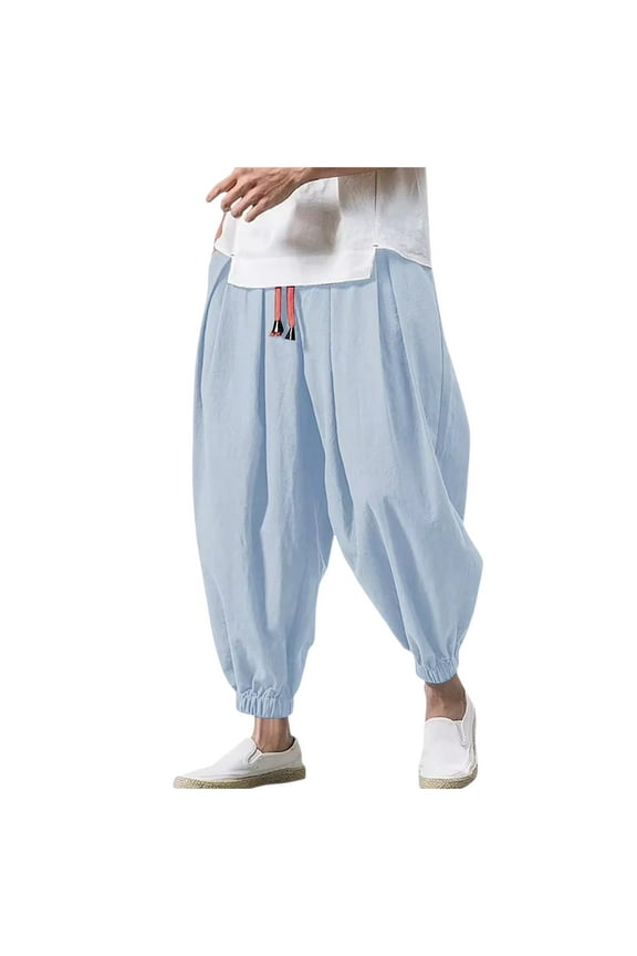 Mens Hippie Harem Pants Baggy Linen Stretchy Waist Drop Crotch Lightweight Pants Loose Spring Summer Blue L