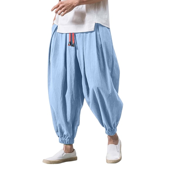 Mens Hippie Harem Pants Baggy Linen Stretchy Waist Drop Crotch Lightweight Pants Loose Spring Summer Light Blue S