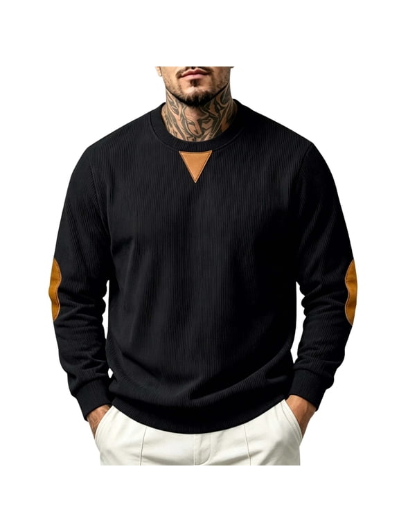 Mens Hipster Corduroy Casual Corduroy Sweatshirt Long Sleeve Crewneck Pullover Fall Polo Elbow Patch Sweaters