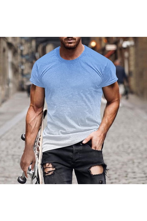 Mens Hipster Hip Hop Ripped Round Hemline T Shirts Gradient Color Pattern Print Fashion Tops