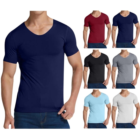 Mens Hipster Hiphop Tees Men's Solid Color V-Neck Short-Sleeved Pullover T-Shirt Fitness and Outdoor Seamless Stretch Tight Navy XXXXL