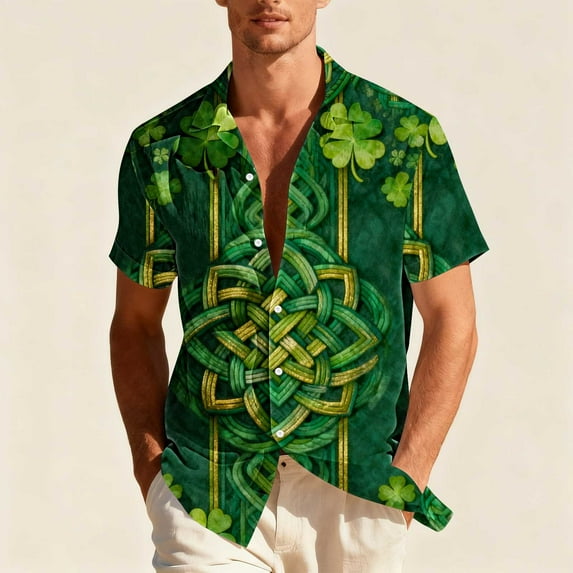Mens Holiday Shirts St Patrick‘s Day Irish Theme Print Tops Unisex Casual Festivals Short Sleeve Button Down Beach Vacation Party Shirts M-3XL