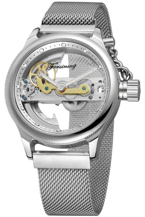Mens Hollow Automatic Watch Waterproof Transparent Dial Silver Stainless Steel Mesh Band Skeleton Watch