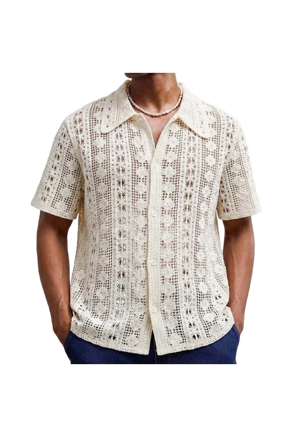 Mens Hollow Out Crochet Knit Short Sleeve Button Down Shirts Summer Breathable Beach Vacation Tops Shirt Retro Geometric Pattern Bohemian Casual Streetwear Fashion Tops