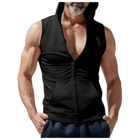 Mens Hooded Cardigan Zip Sweatshirt Sleeveless Casual Vest Sports Jacket Men