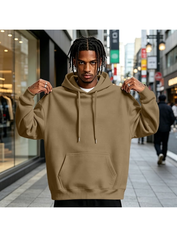 Mens Hooded Fashion Long Sleeve Hoodies Casual Drawstring with Pockets Pullover Sweatshirt for Men Khaki L