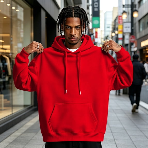 Mens Hooded Fashion Long Sleeve Hoodies Casual Drawstring with Pockets Pullover Sweatshirt for Men Red M