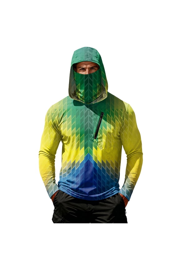 Mens Hooded Fishing Shirts with Face Mask Cooling UPF 50+ Sun Protection Rash Guard Outdoor Boat Sun Shirt