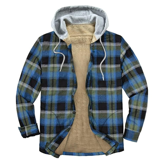 Mens Hooded Flannel Jacket Sherpa Fleece Lined Zip Up Fuzzy Hoodie ...