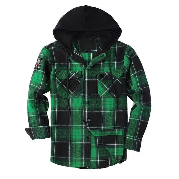 Mens Hooded Flannel Shirt Loose Long Sleeved Warm Plaid Shirt
