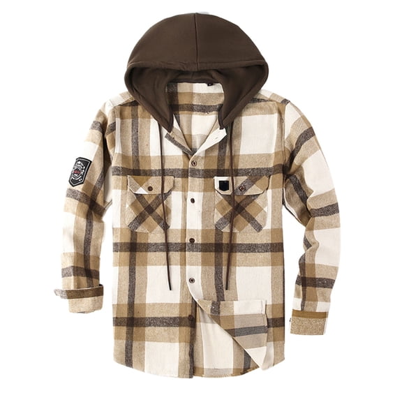 Mens Hooded Flannel Shirt Loose Long Sleeved Warm Plaid Shirt