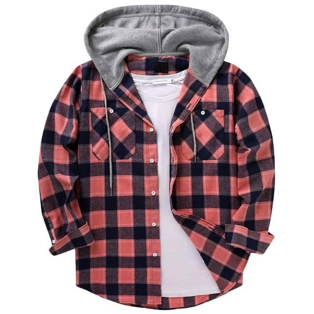 Mens Hooded Flannel Shirts Casual Regular Fit Long Sleeve Button Down