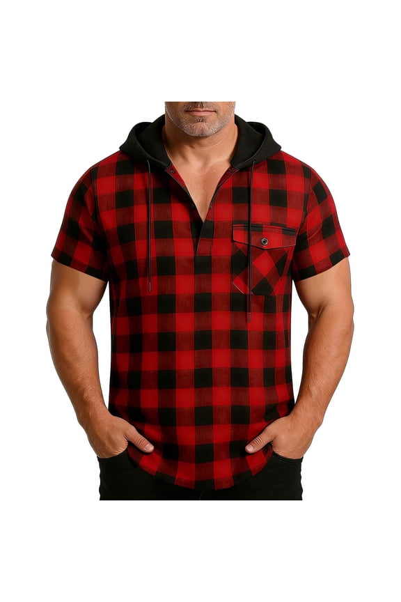 Mens Hooded Henley Shirt Short Sleeve Buffalo Plaid Checkered Hoodie, Summer Casual Fashion Outdoor Streetwear Regular Fit Pullover Top with Button Flap Pocket & Curved Hem